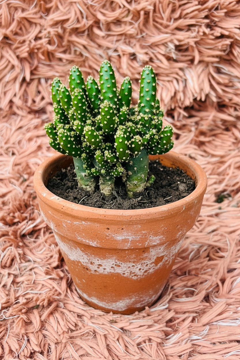 Bunny Ears Cactus Opuntia in terracotta pot - pink rug background side view