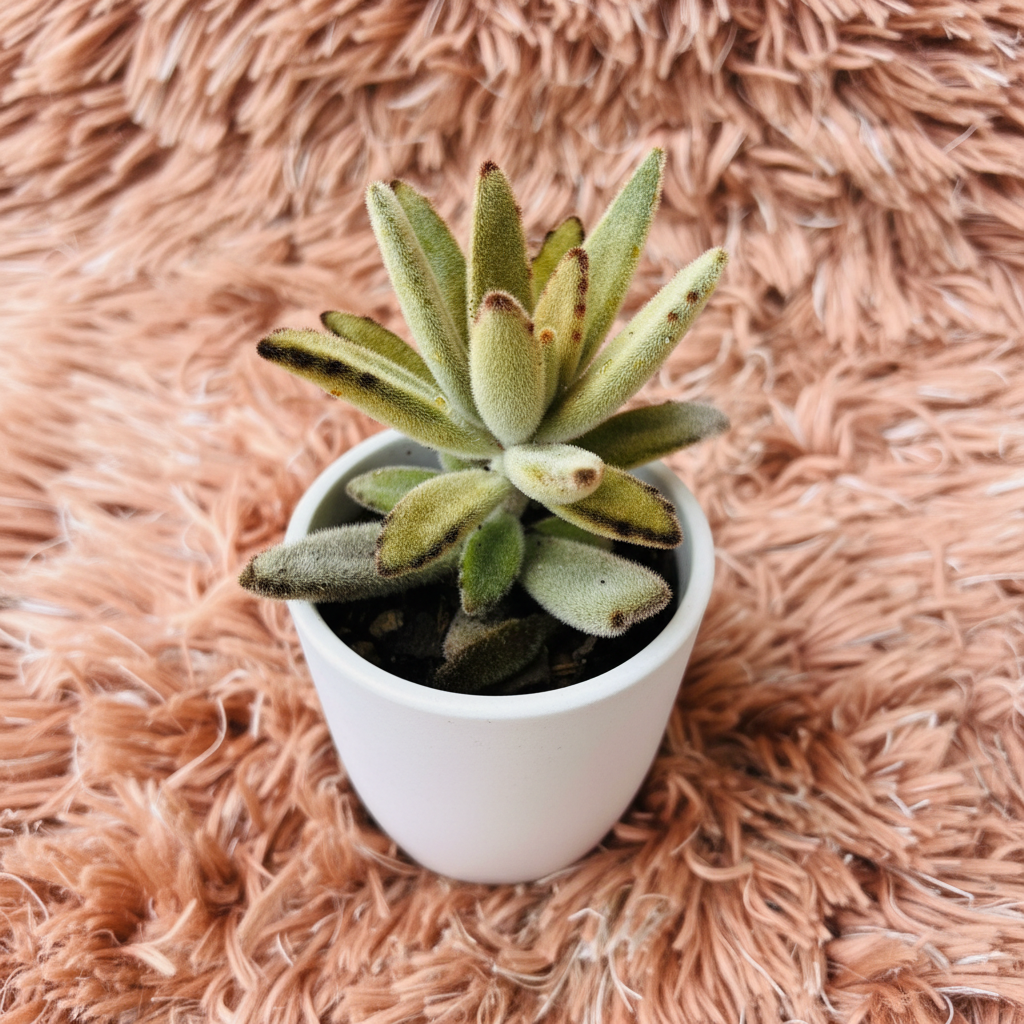 Golden Panda Plant succulent in white ceramic pot on pink fur background – three quarter view