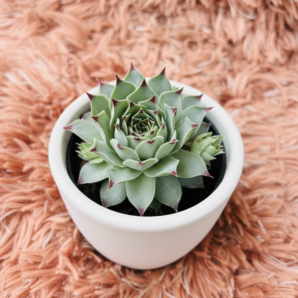 Sempervivum Arachnoideum Cobweb Houseleek in white ceramic pot on pink fur background – angle view
