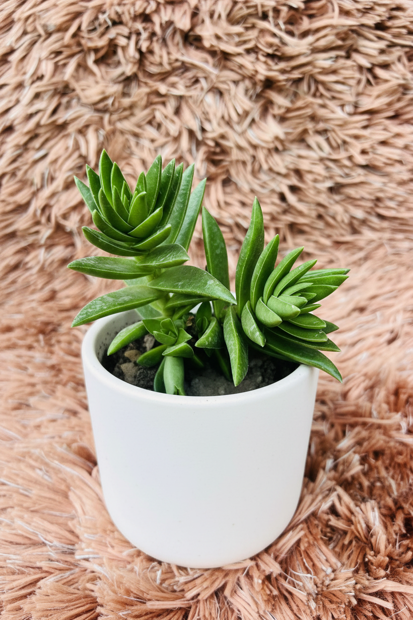 Crassula capitella Campfire green elevated angle view in white ceramic pot