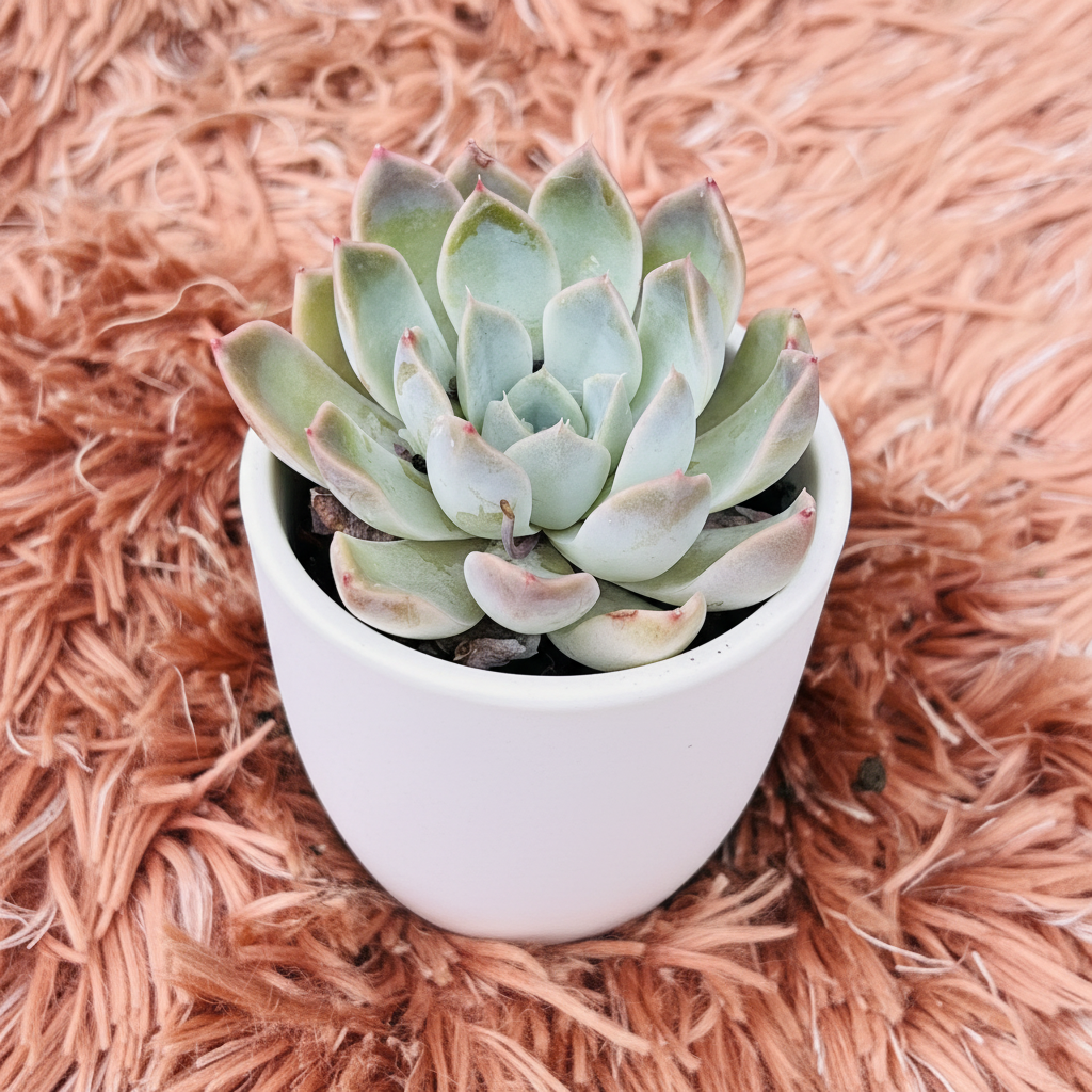 Echeveria Subsessilis in white ceramic pot – 45 degree angle