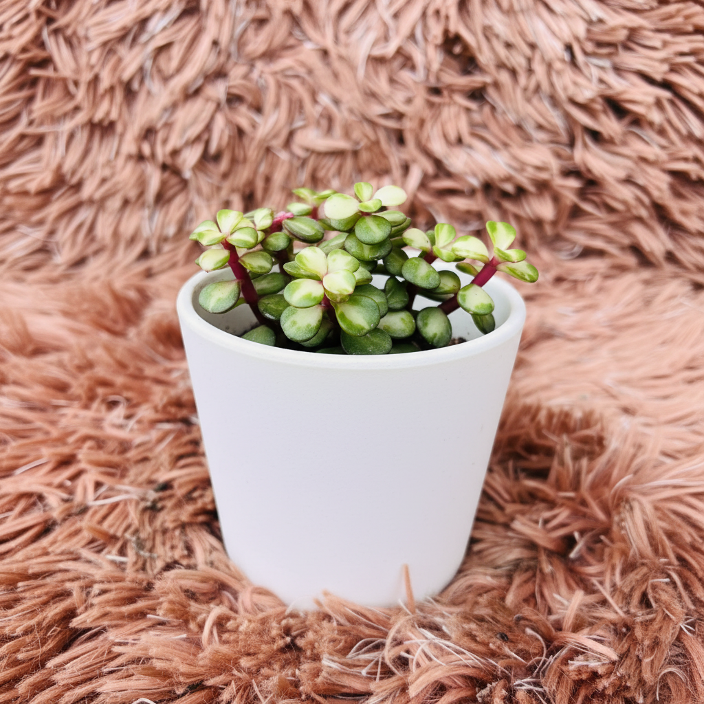 Variegated Jade in white ceramic pot – side angle