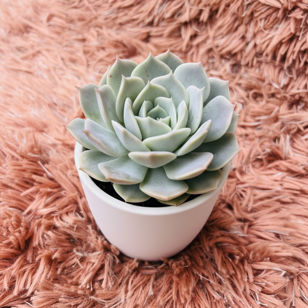 Echeveria Powder Blue succulent in white ceramic pot on pink fur background – three quarter view