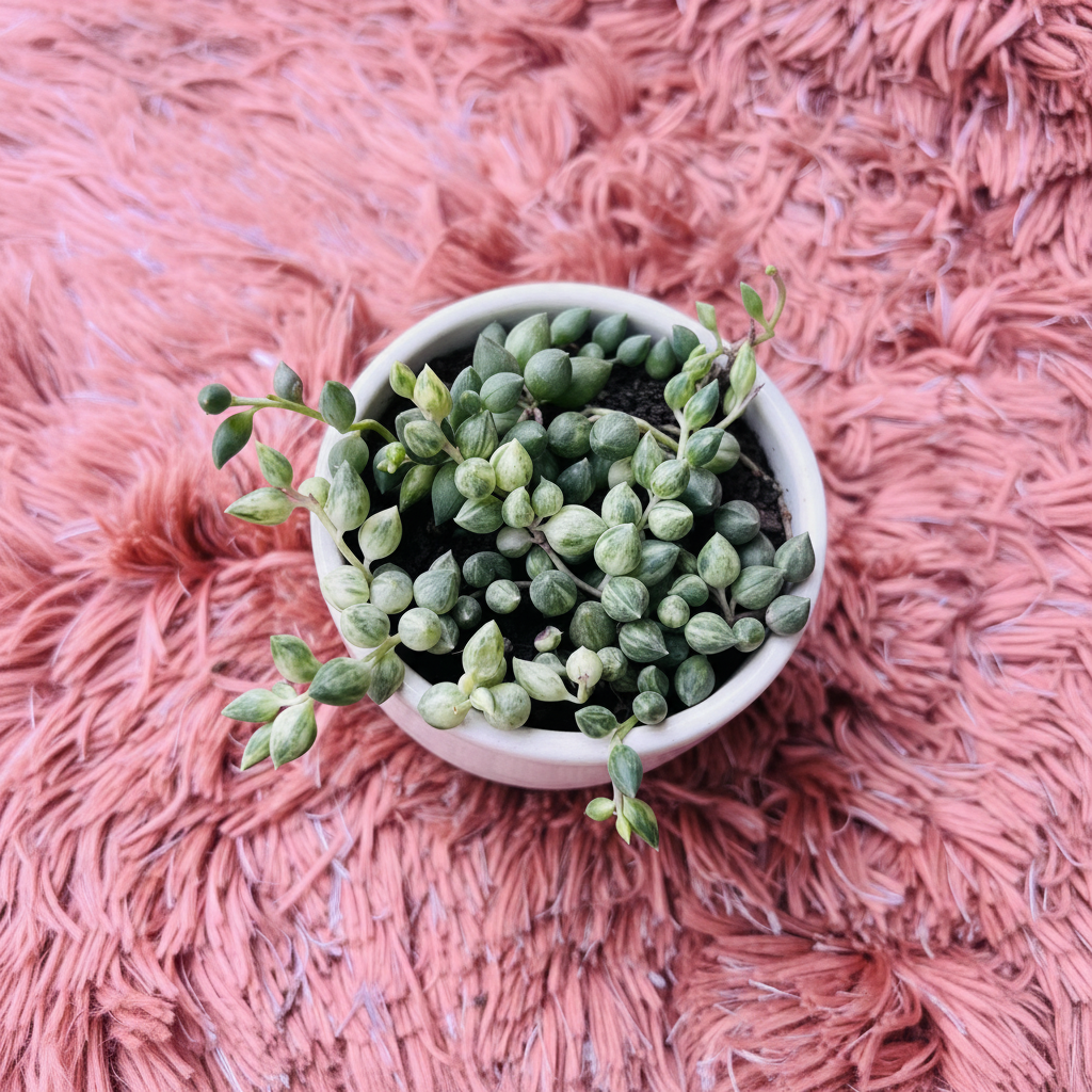 Variegated String of Tears in white ceramic pot on pink fur background – overhead view
