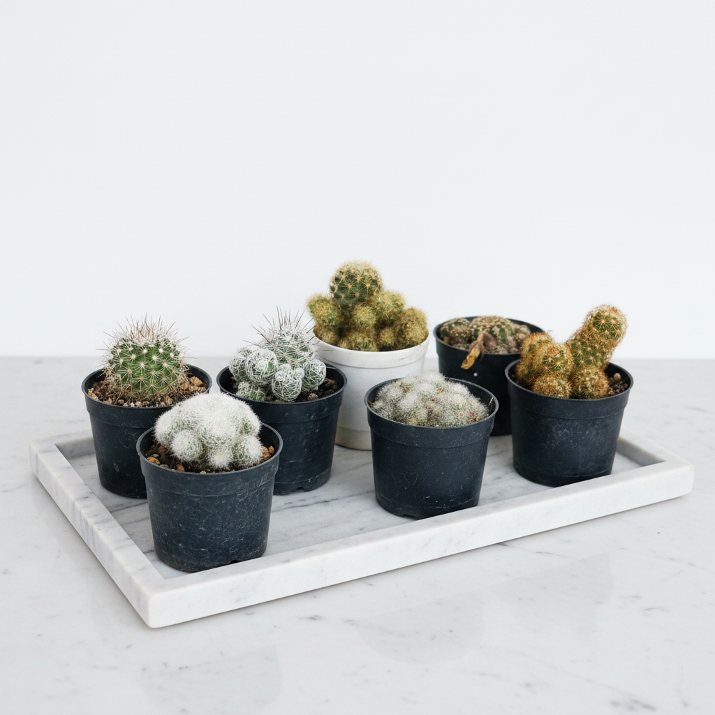 Cactus Combo of 6 mixed variety collection in dark pots on marble tray