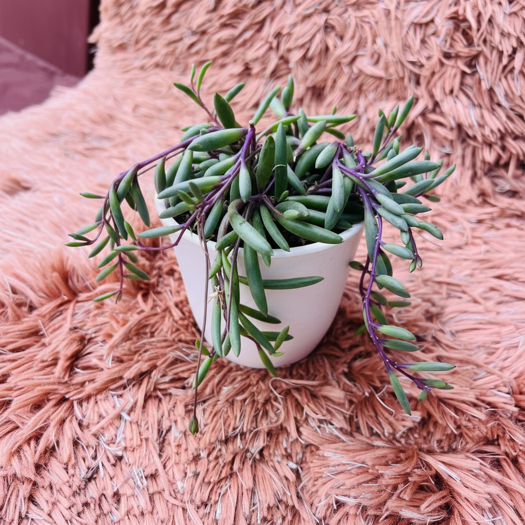 Ruby Necklace succulent in white ceramic pot on pink fur background – three quarter view