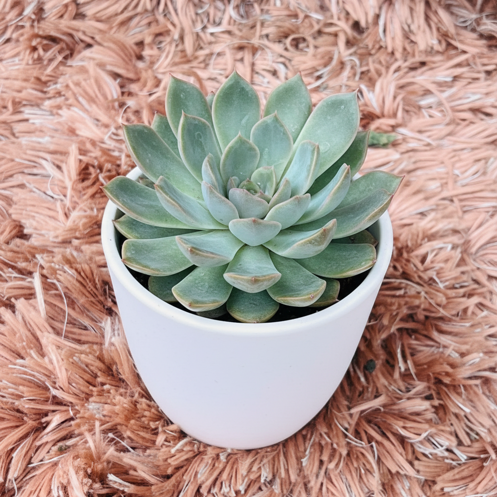 Echeveria Colorata in white ceramic pot – 45 degree angle
