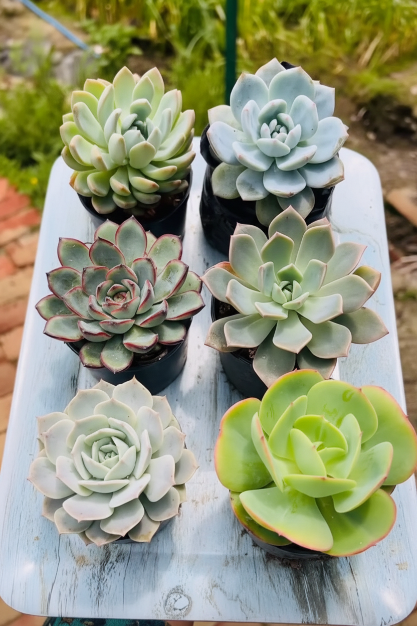 Combo of 6 large Echeveria succulents in blue, silver, burgundy and lime green tones in black nursery pots on a blue table