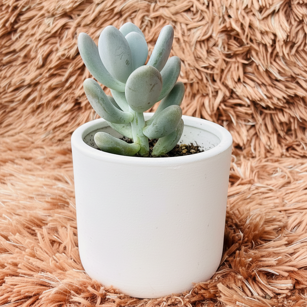 Pachyphytum Oviferum Moonstone in white ceramic pot – side angle