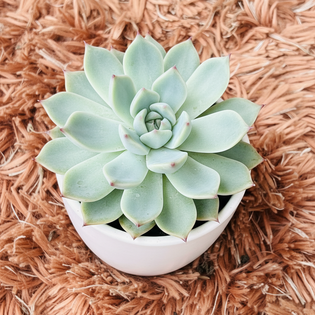 Echeveria Elegans in white ceramic pot – top down
