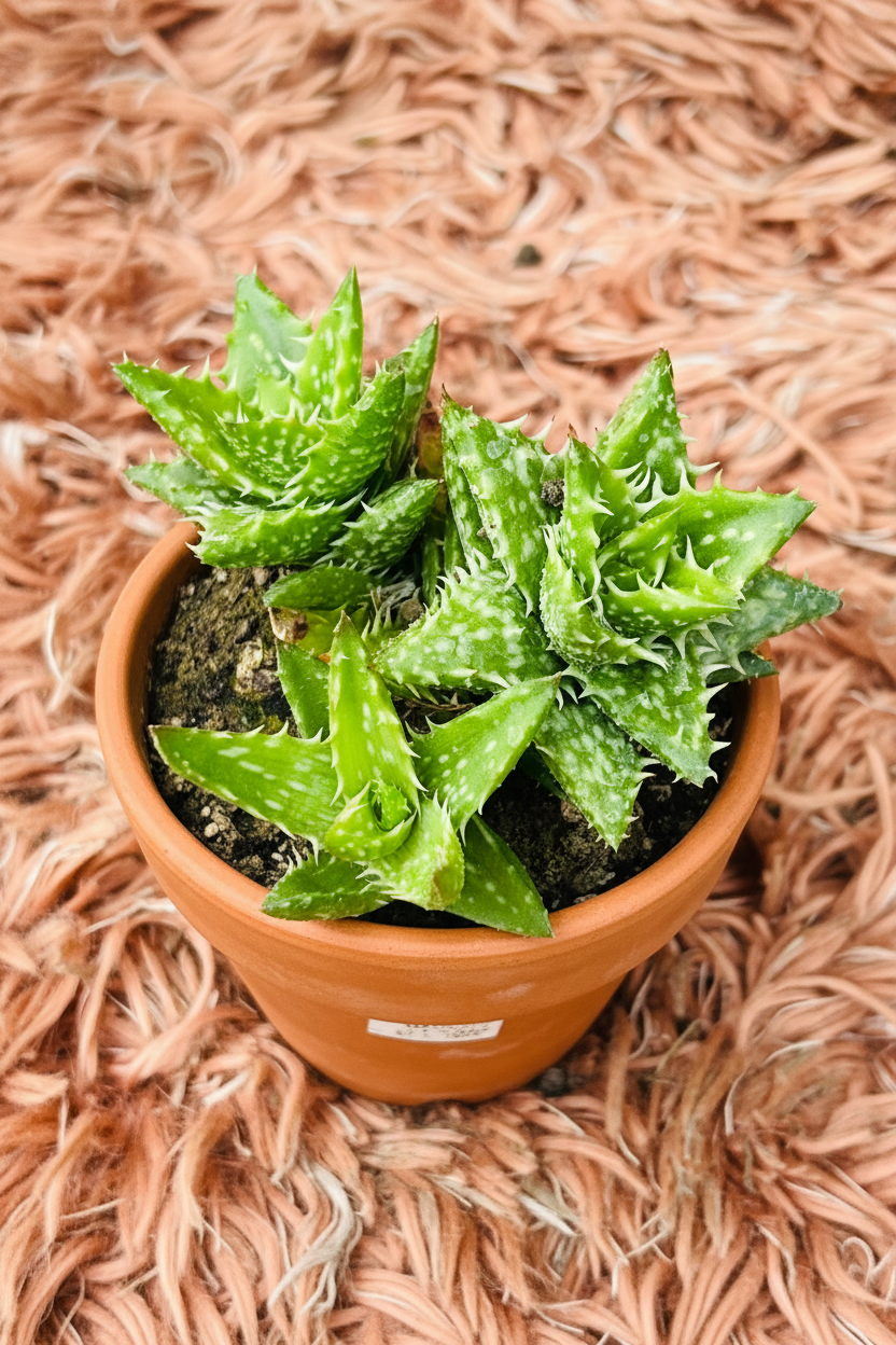 Tiger Tooth Aloe Juvenna in terracotta pot - top view