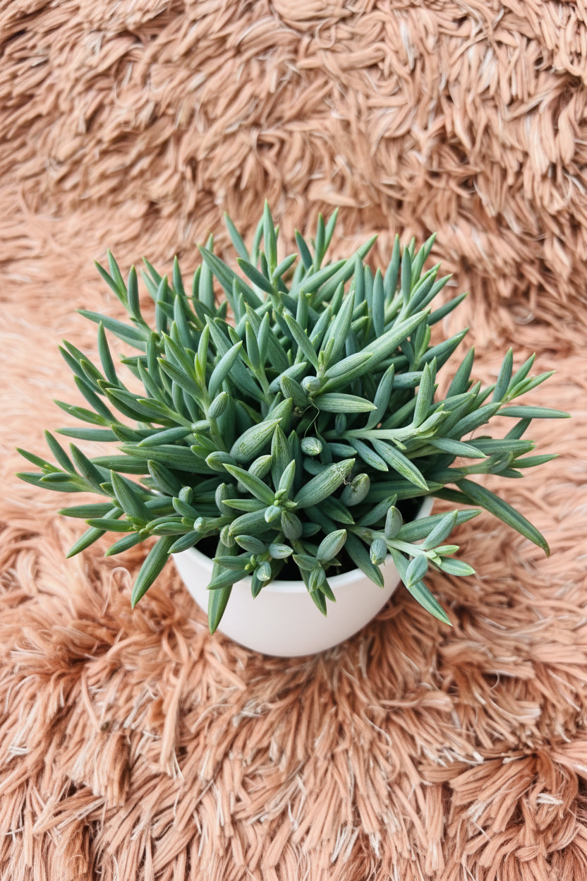 String of Bananas top-down view in white ceramic pot on pink rug