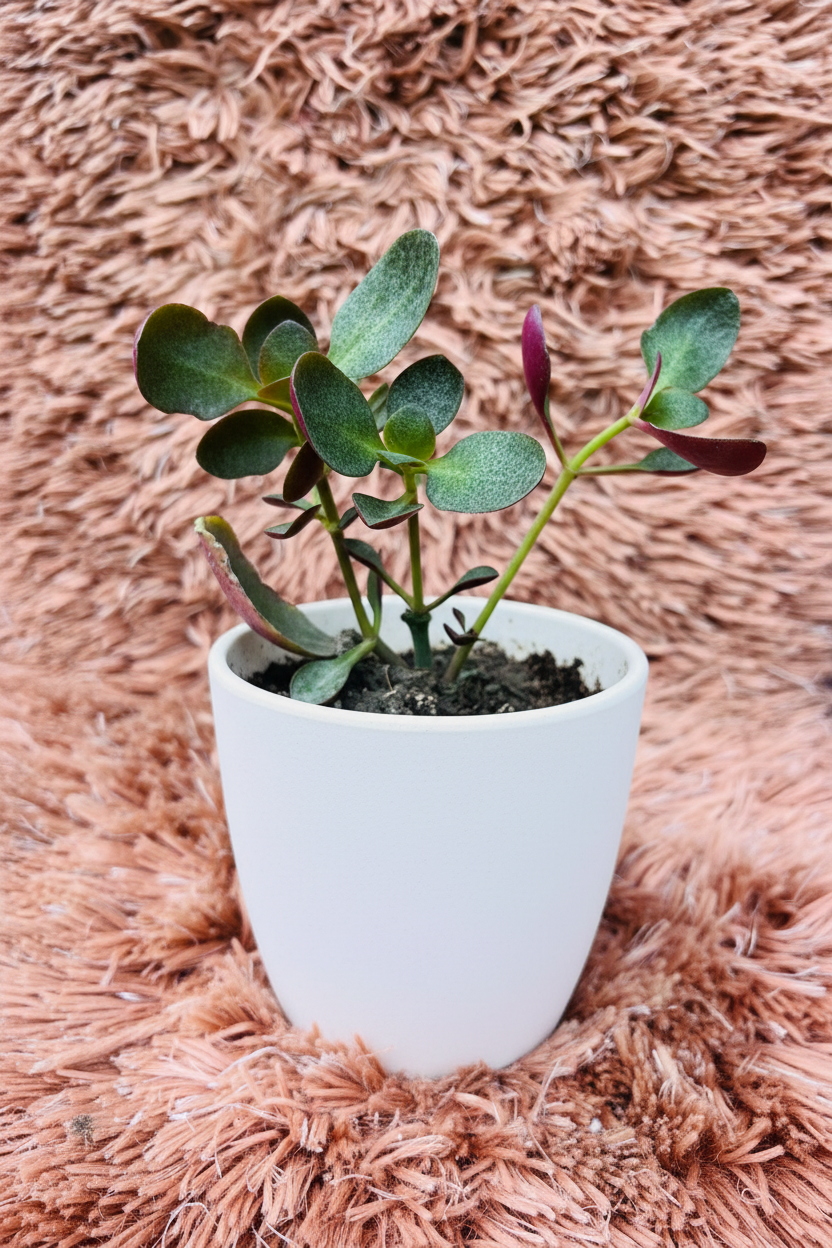 Kalanchoe fedtschenkoi side angle in white ceramic pot
