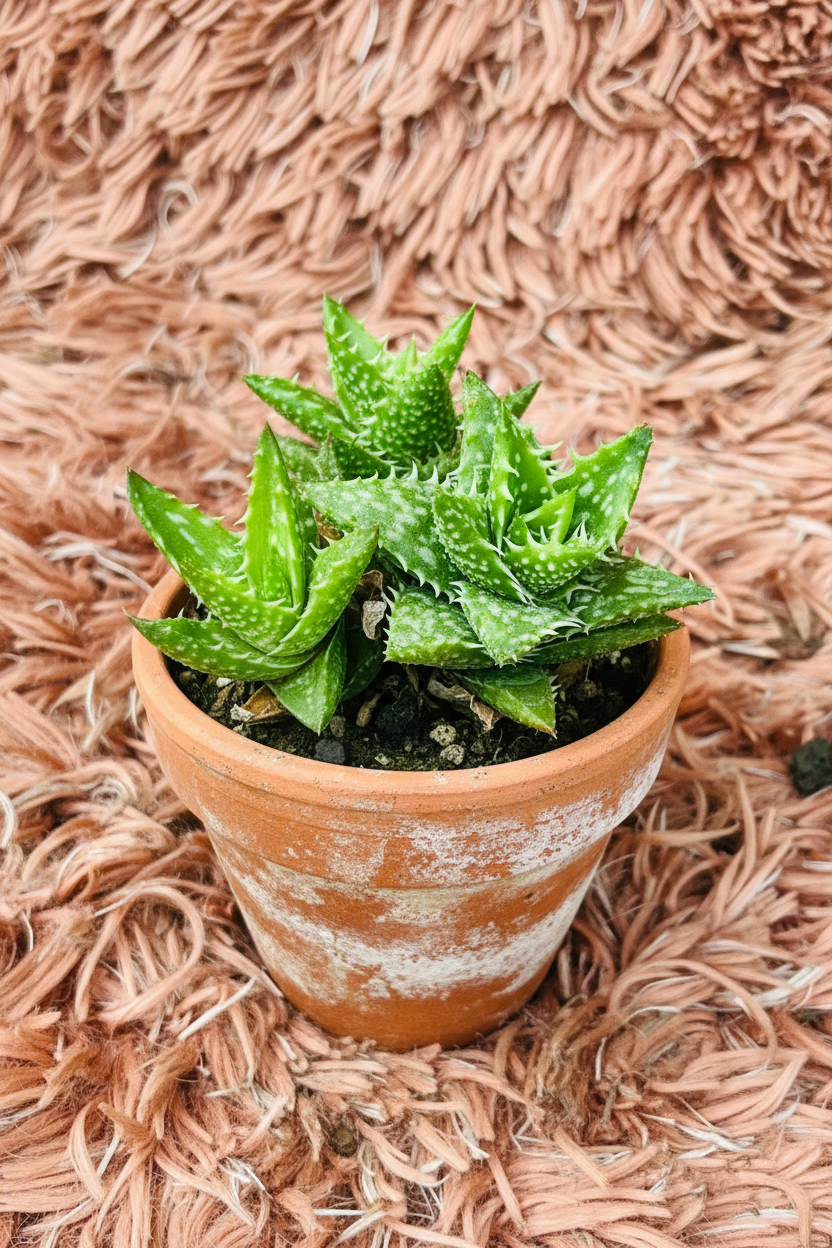 Tiger Tooth Aloe Juvenna in terracotta pot - angled view