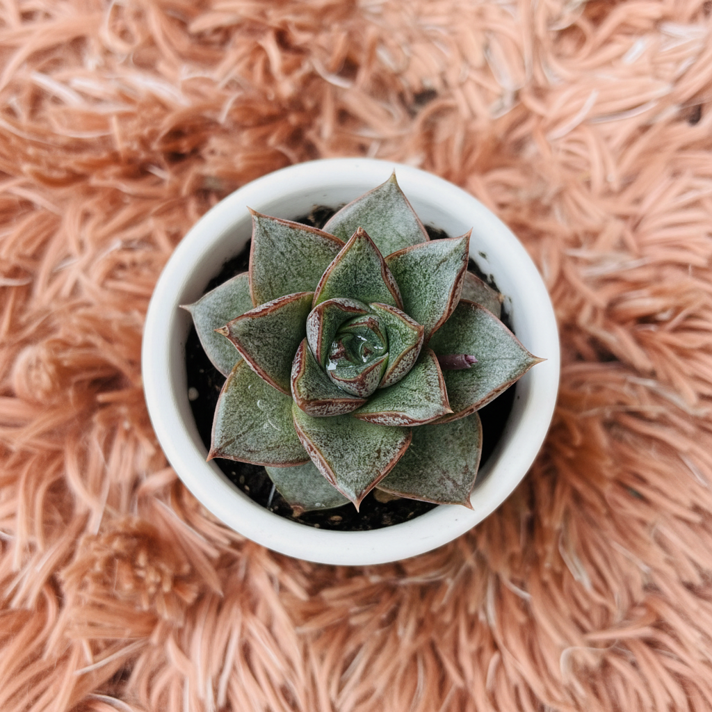 Echeveria Nodulosa Painted Lady in white ceramic pot on pink fur background – top down view