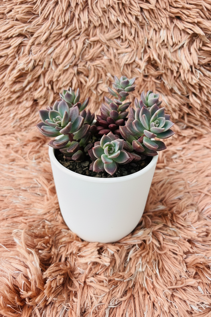 Echeveria Perle von Nurnberg cluster side angle view in white ceramic pot on pink rug