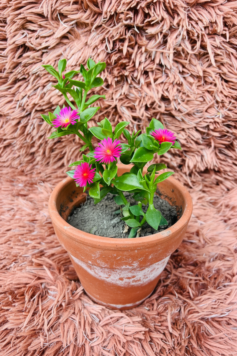 Baby Sun Rose Green Aptenia Cordifolia in terracotta pot with pink flowers - top view