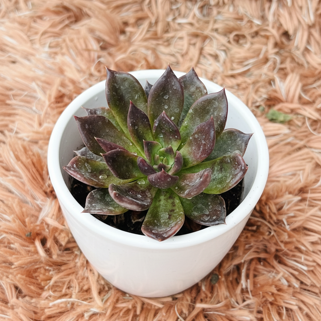 Echeveria Vishnu Kamal in white ceramic pot – top down