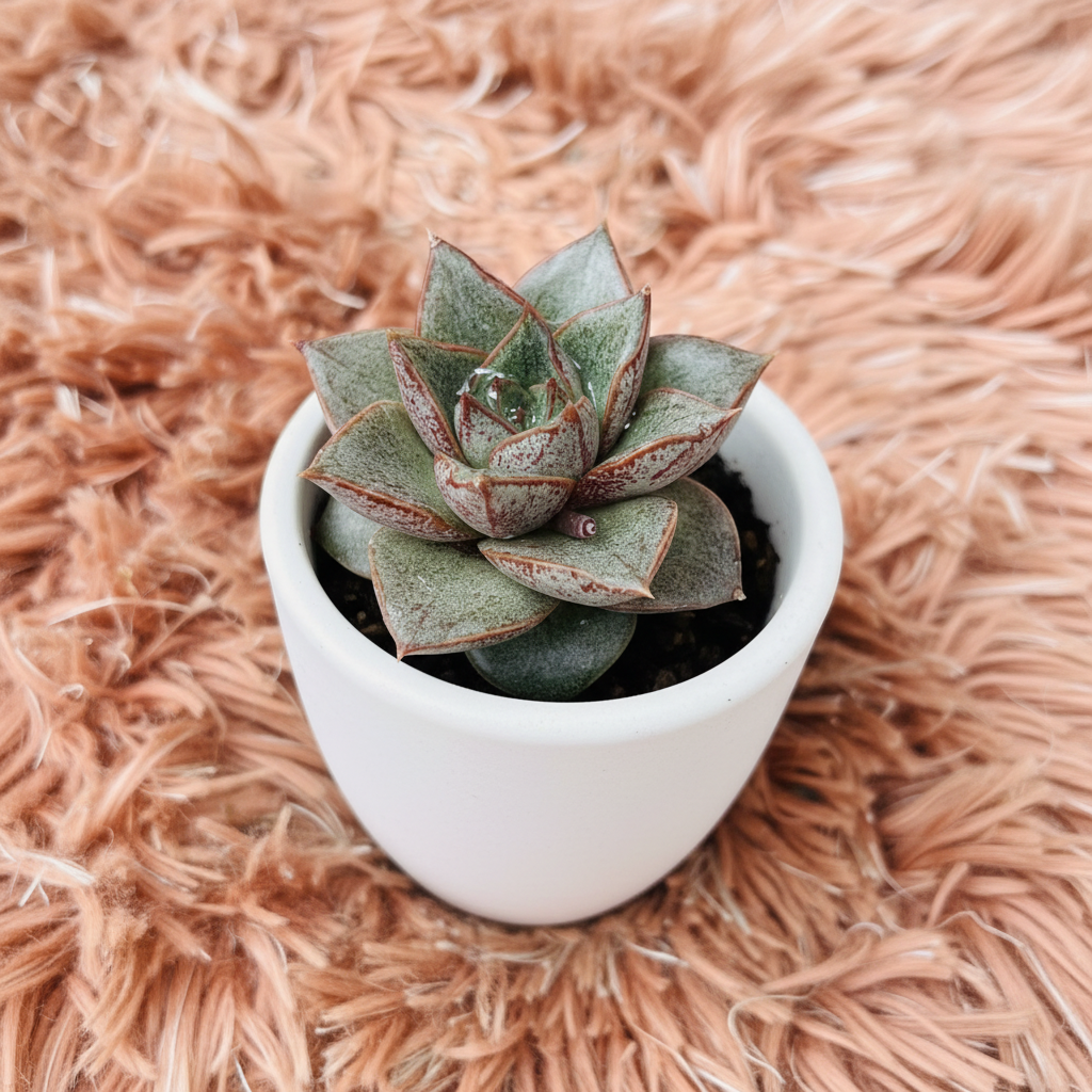Echeveria Nodulosa Painted Lady in white ceramic pot on pink fur background – three quarter view