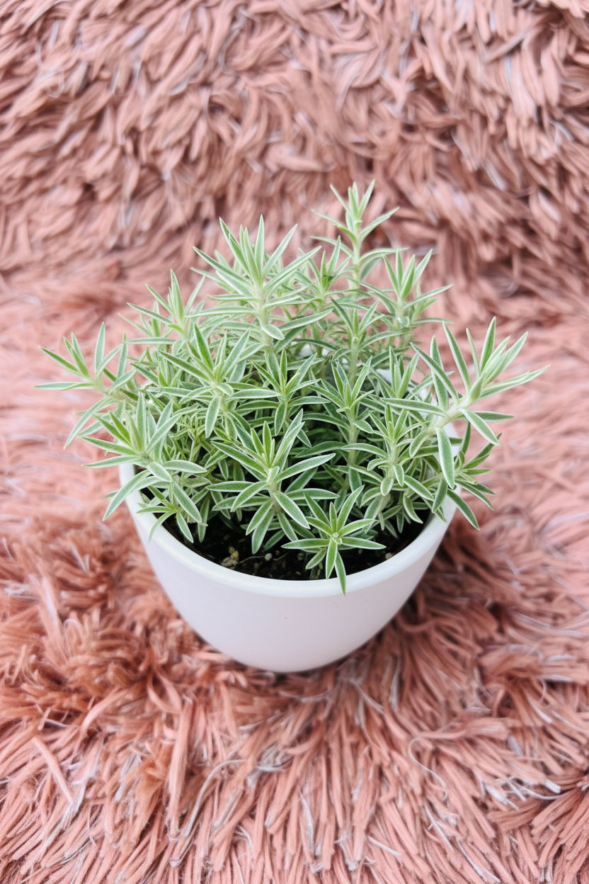 Green Star succulent top-down view in white ceramic pot on pink rug