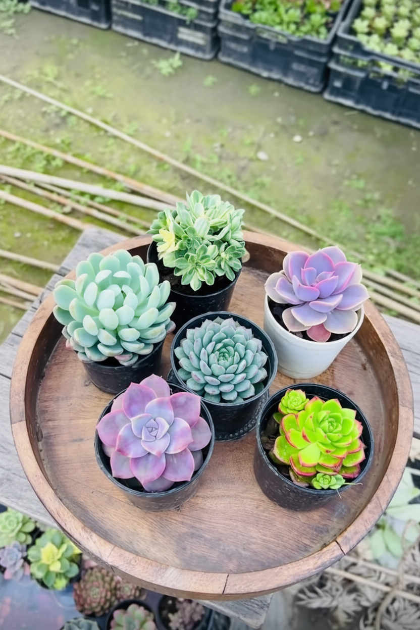 6 Pastel Echeveria Combo in Round Wooden Tray Top View
