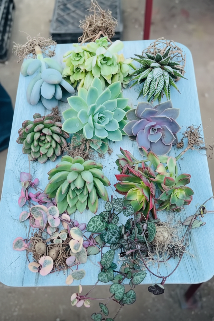 Combo of 10 assorted succulents including Pachyphytum, Echeveria, Haworthia and trailing varieties on a blue wooden tray
