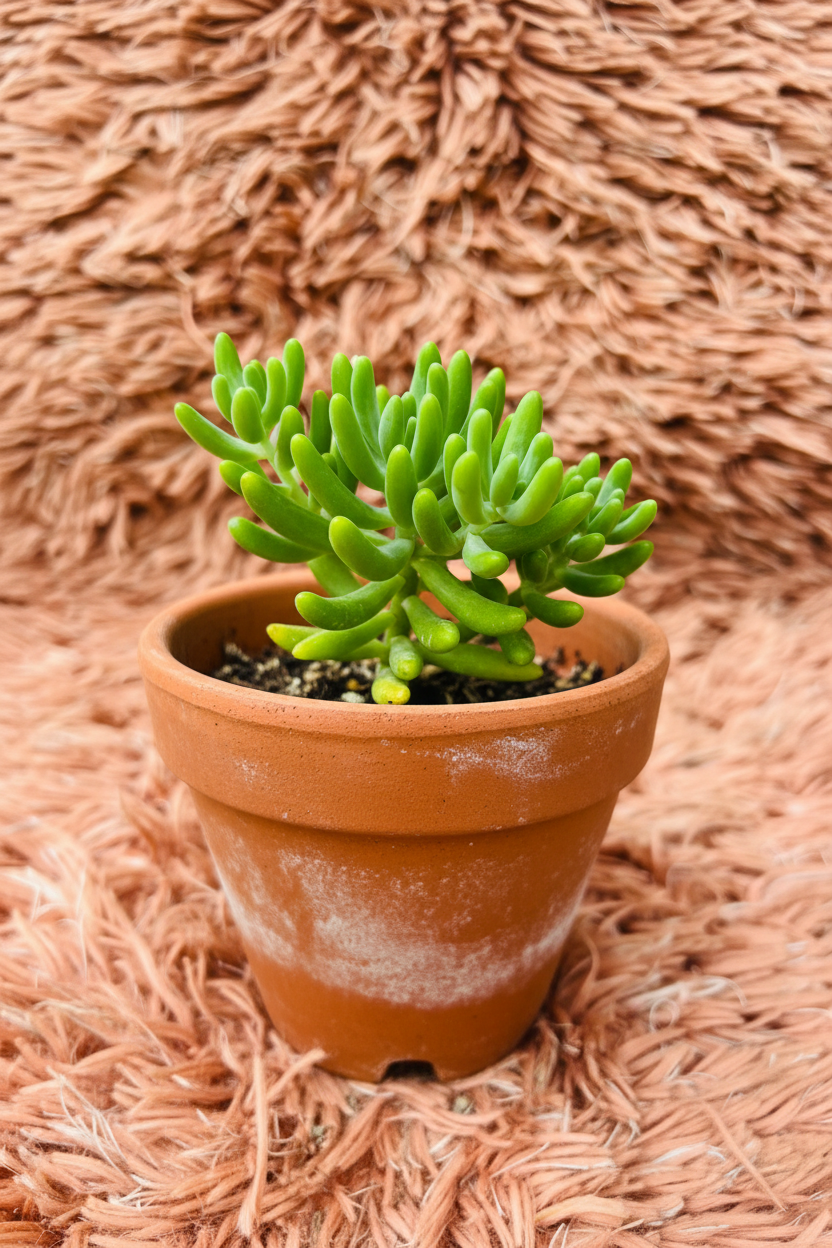 Sedum Rubrotinctum Jelly Bean Plant in terracotta pot - pink rug background