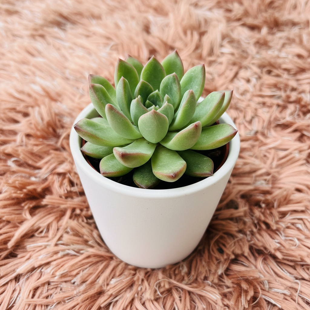 Echeveria Minima succulent in white ceramic pot on pink fur background – three quarter view