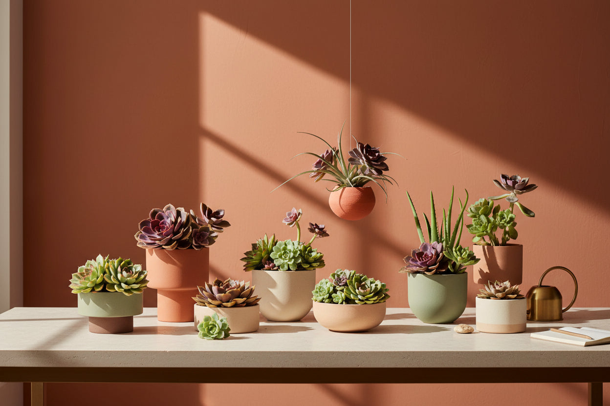 Premium succulent plants in modern ceramic pots with soft natural light and a minimalist aesthetic background