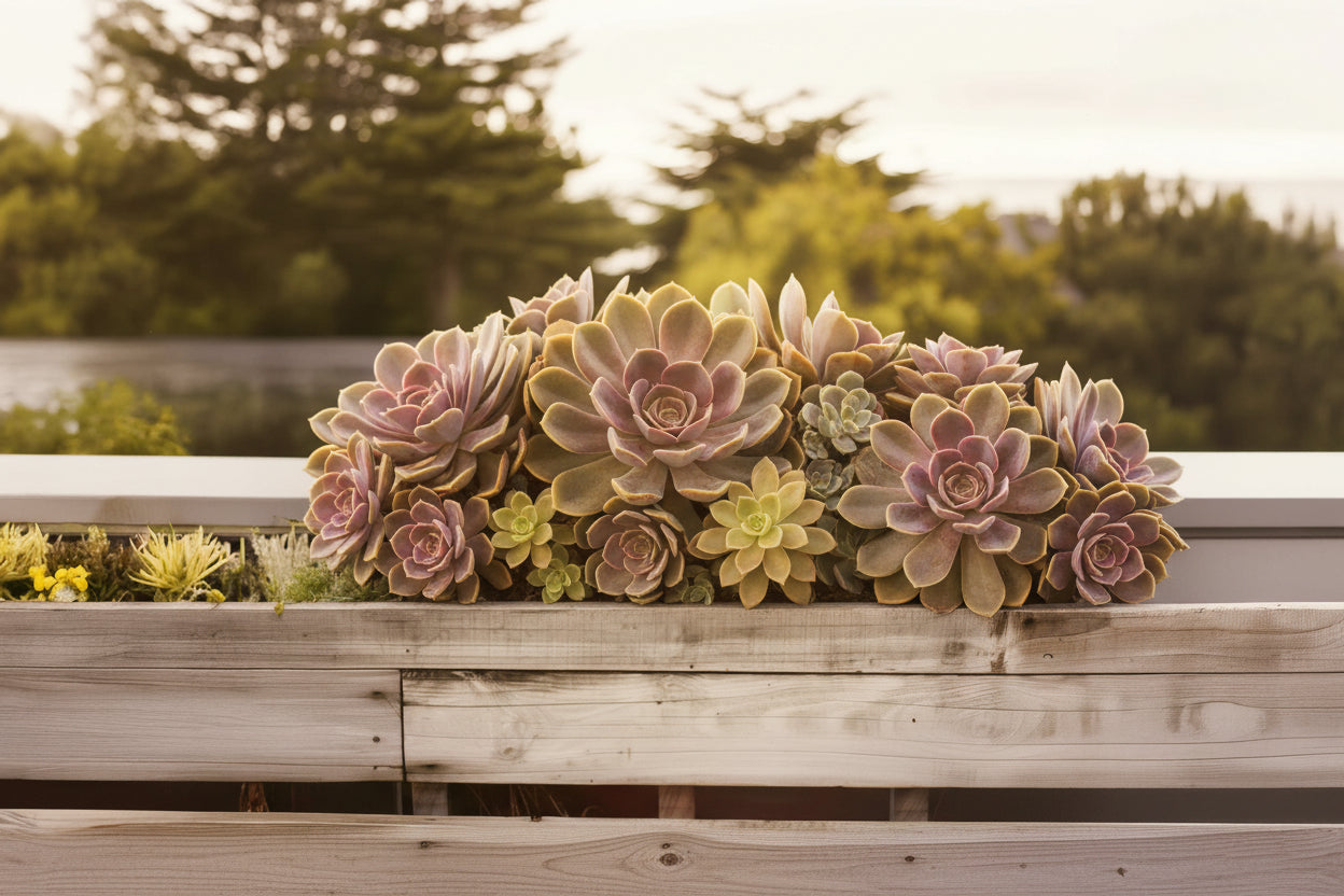 Beautiful succulent garden with vibrant plants under soft natural sunlight and a premium aesthetic landscape