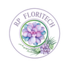 A circular logo featuring the text 'RP FLORITECH' in purple around a central watercolor-style purple and blue succulent flower, with green leaves and smaller flowers at the bottom, on a white background.